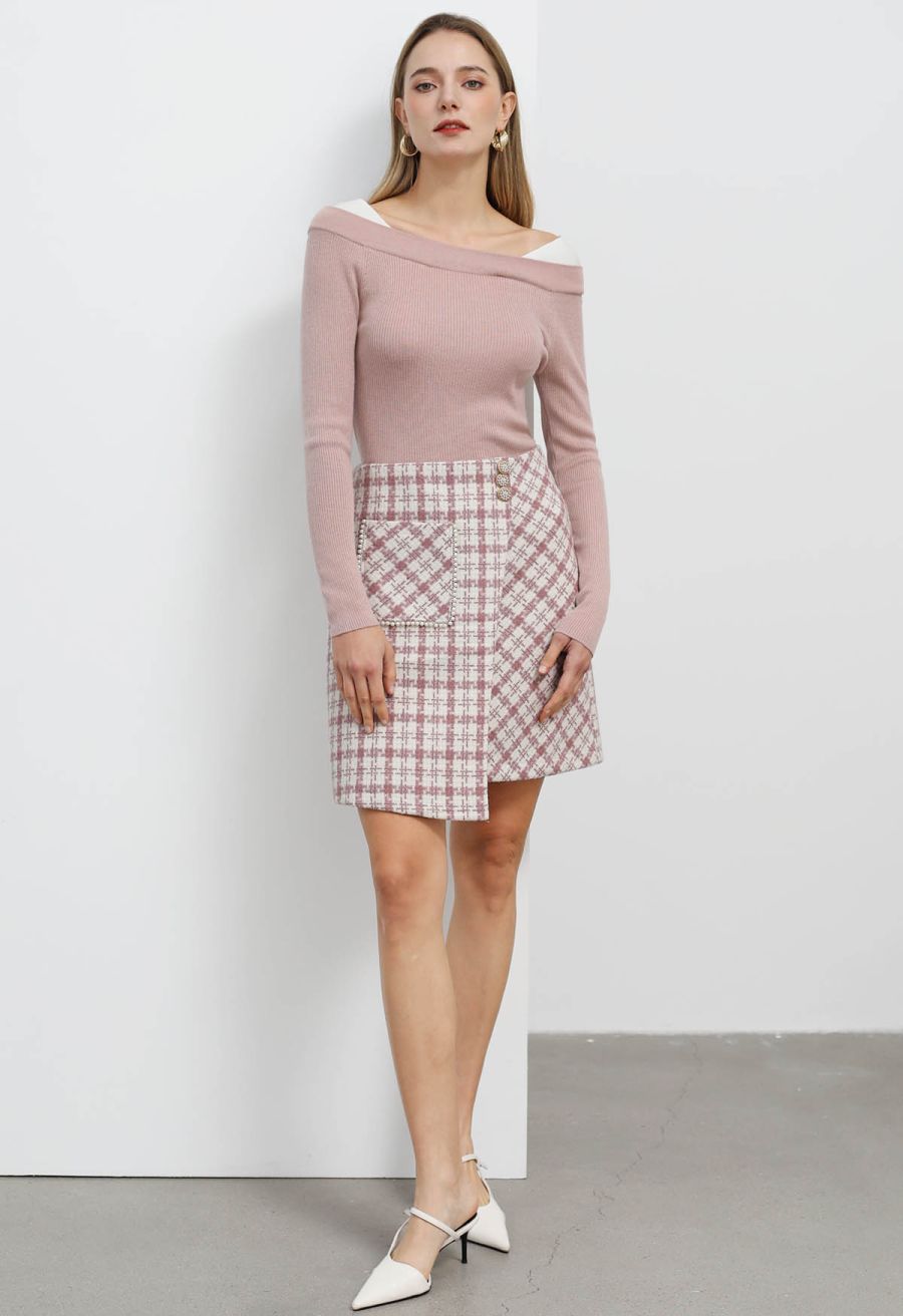 Patch Pocket Plaid Tweed Flap Skirt in Pink