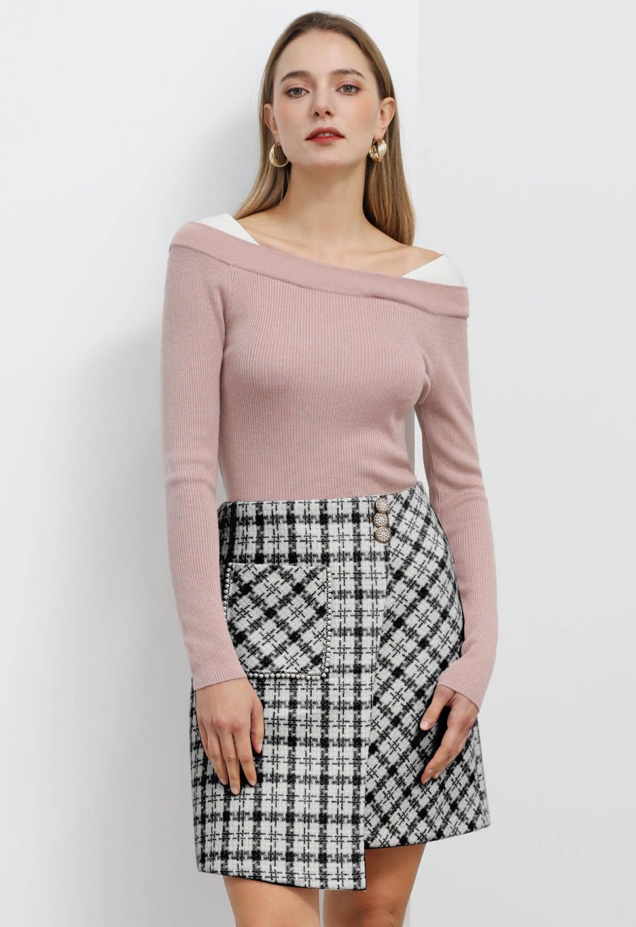 Patch Pocket Plaid Tweed Flap Skirt in Black