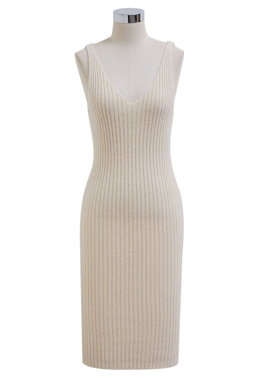 Pearl Neckline Ribbed Knit Twinset Dress in Sand
