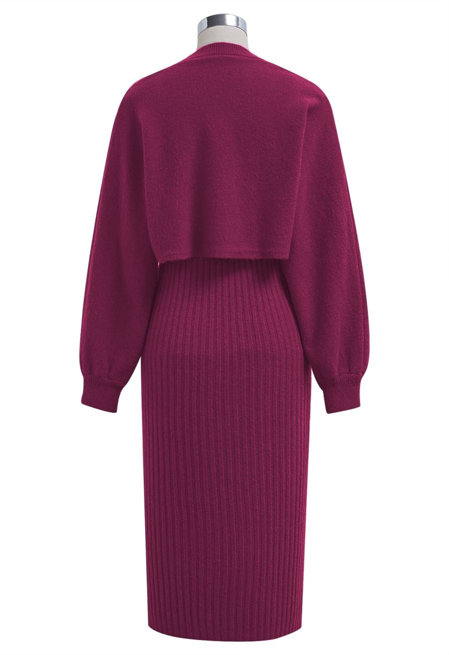 Pearl Neckline Ribbed Knit Twinset Dress in Magenta