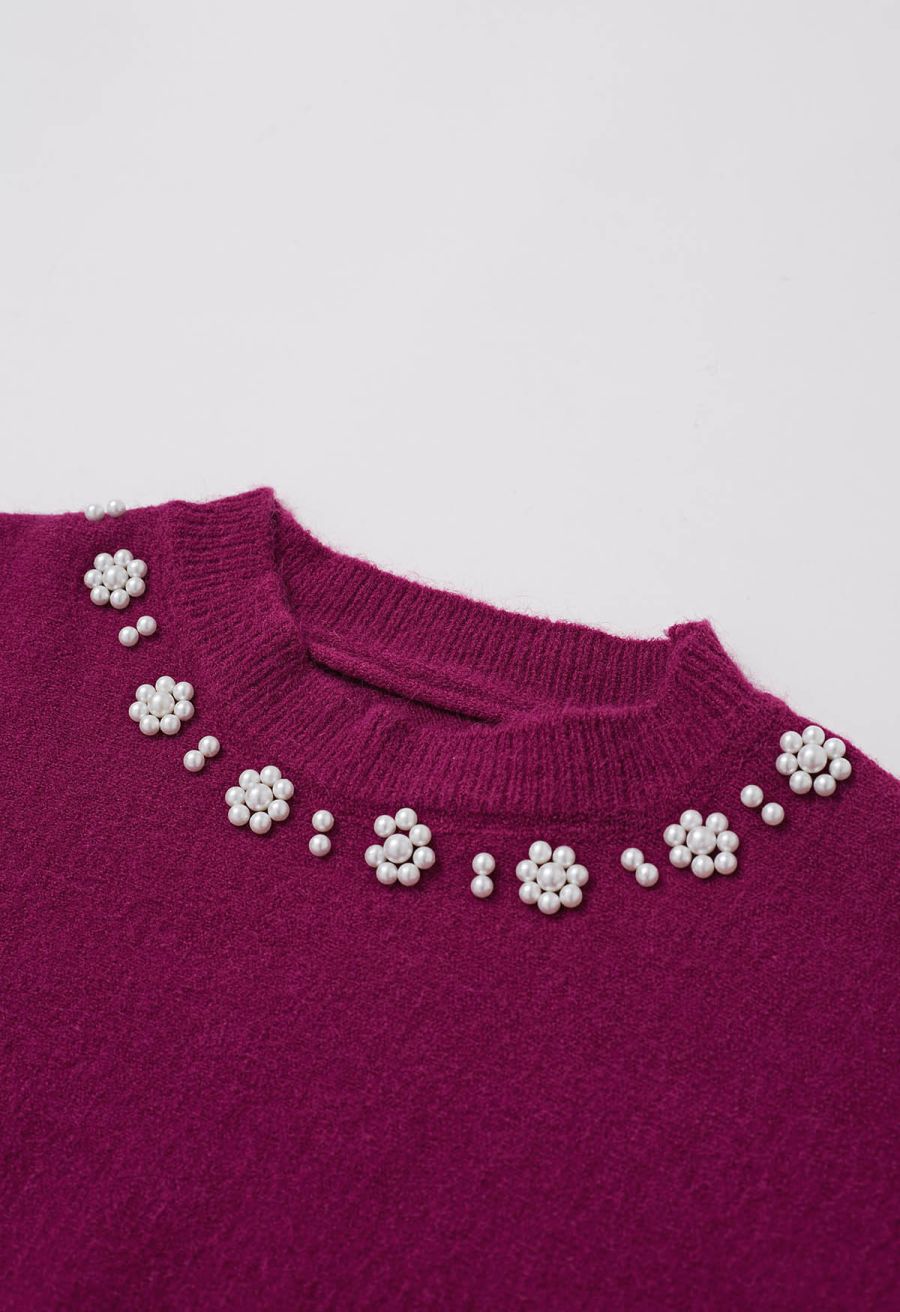 Pearl Neckline Ribbed Knit Twinset Dress in Magenta