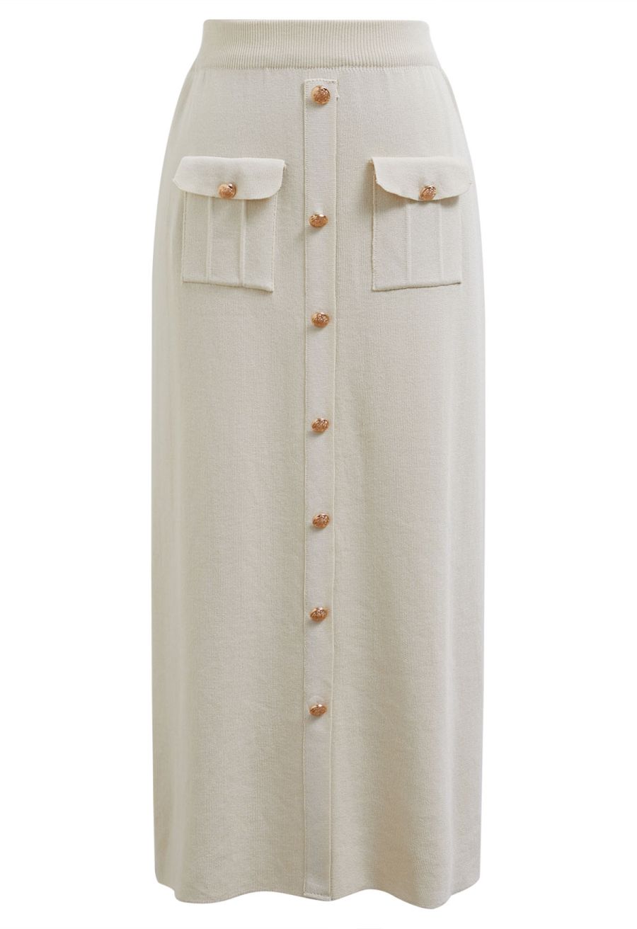 Standout Button Embellished Knit Top and Midi Skirt Set in Ivory
