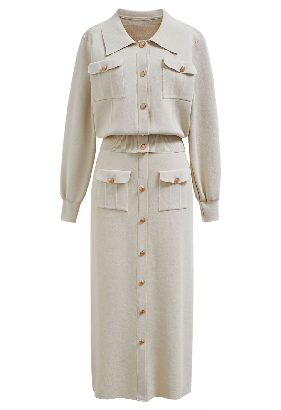 Standout Button Embellished Knit Top and Midi Skirt Set in Ivory