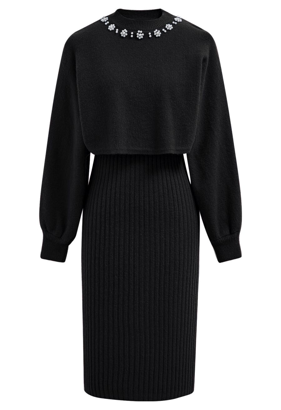 Pearl Neckline Ribbed Knit Twinset Dress in Black