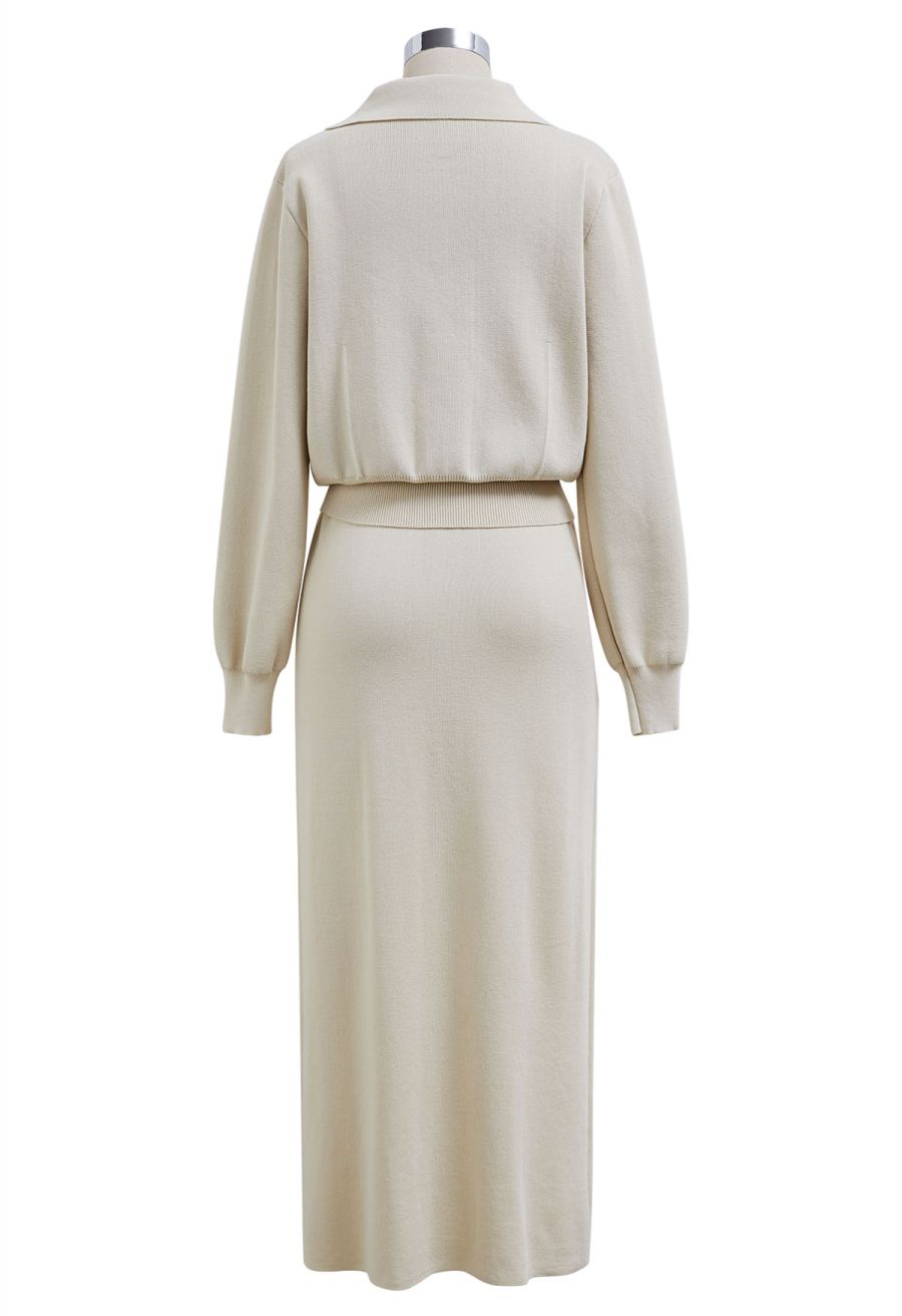 Standout Button Embellished Knit Top and Midi Skirt Set in Ivory