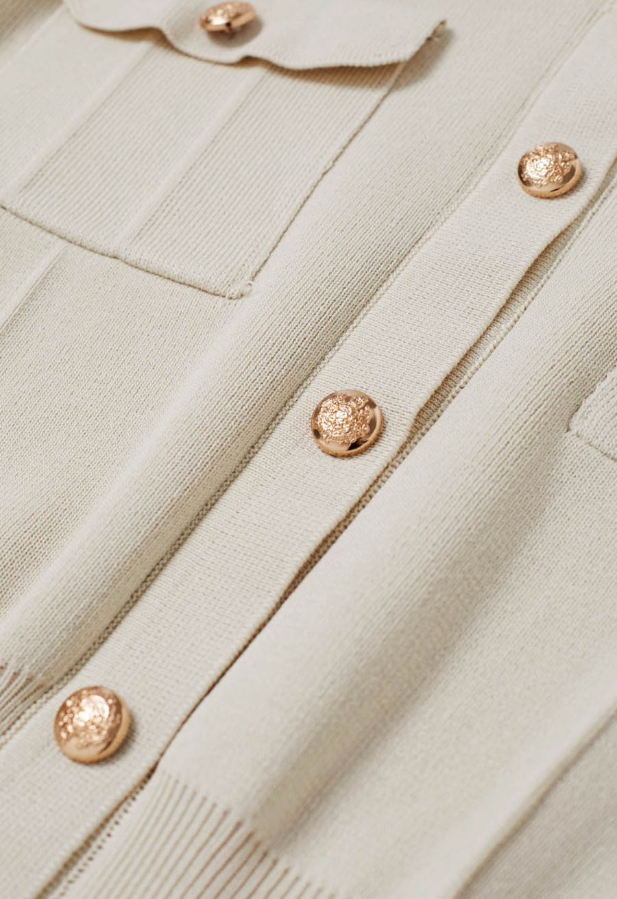 Standout Button Embellished Knit Top and Midi Skirt Set in Ivory