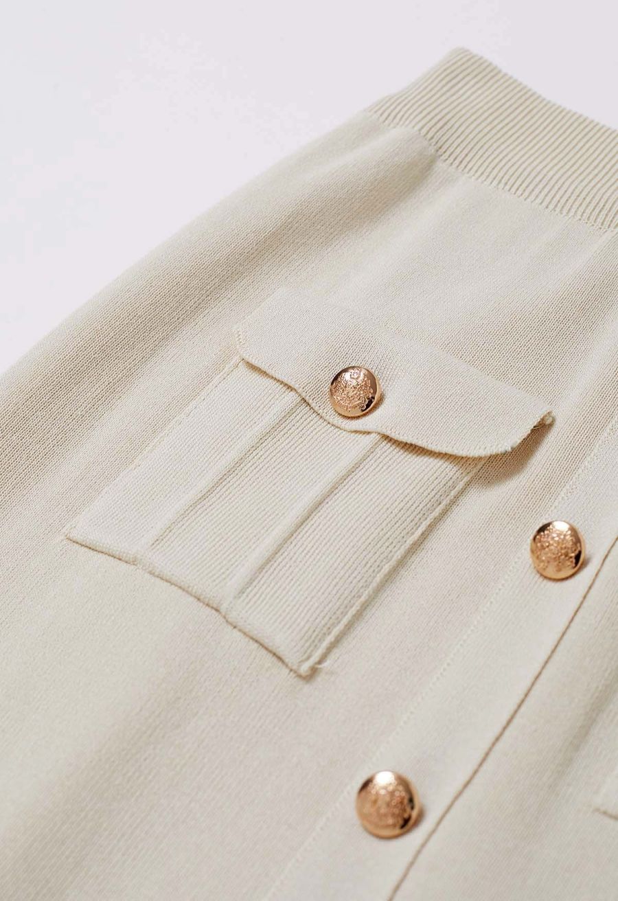 Standout Button Embellished Knit Top and Midi Skirt Set in Ivory