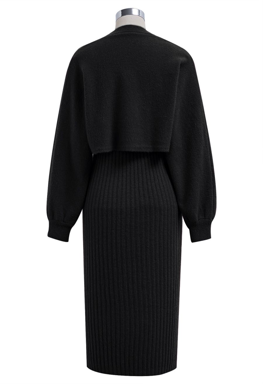 Pearl Neckline Ribbed Knit Twinset Dress in Black
