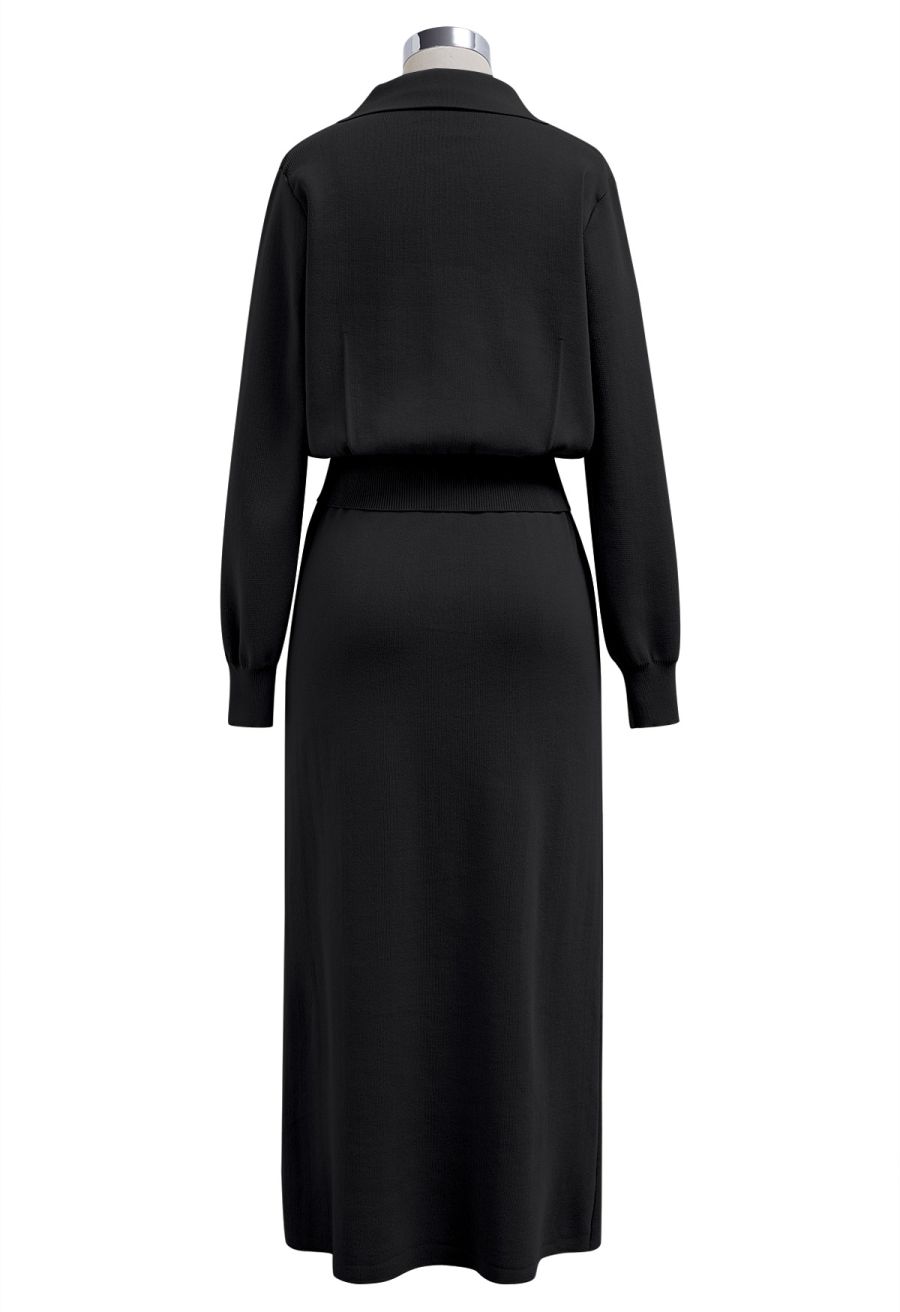 Standout Button Embellished Knit Top and Midi Skirt Set in Black