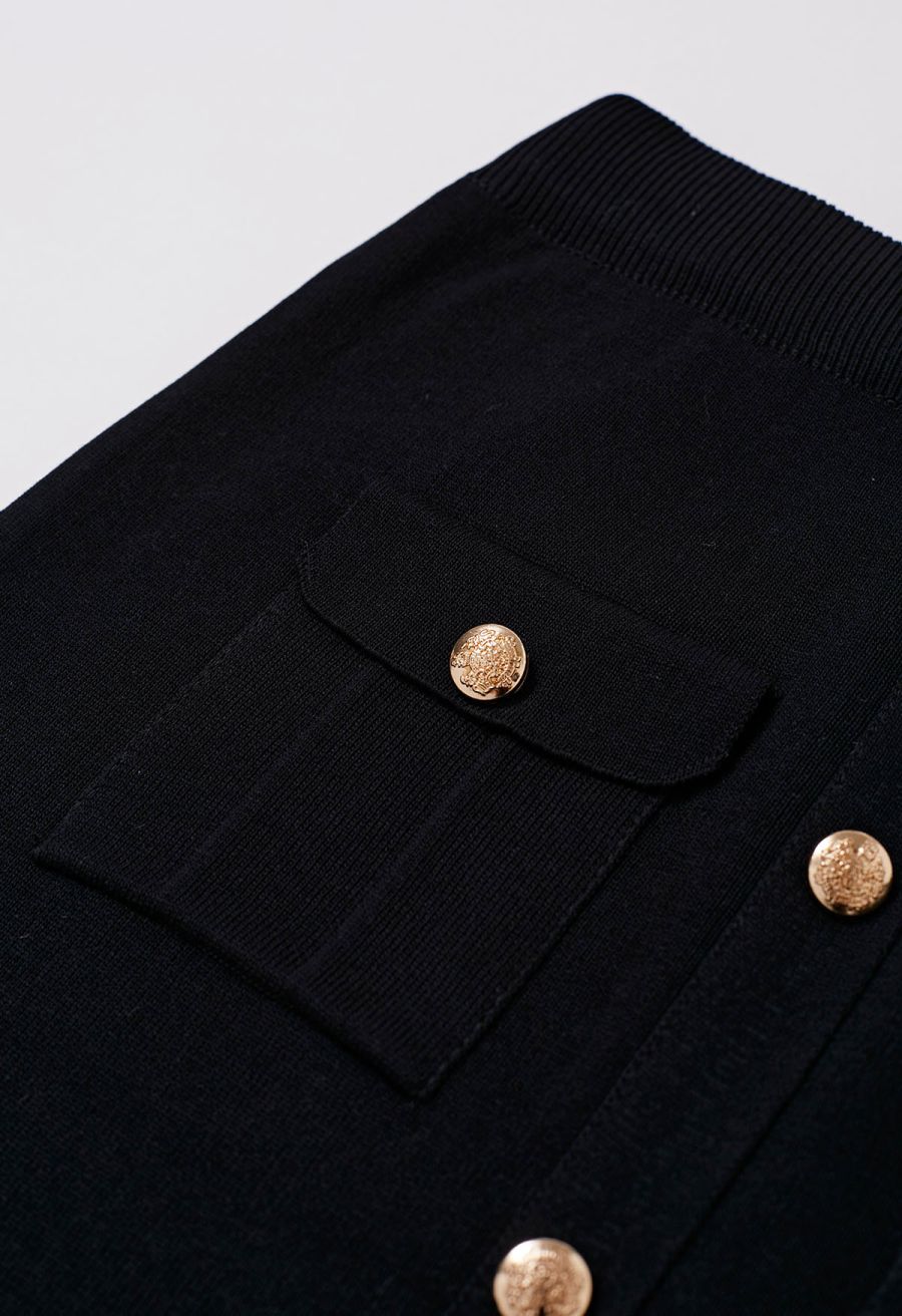 Standout Button Embellished Knit Top and Midi Skirt Set in Black
