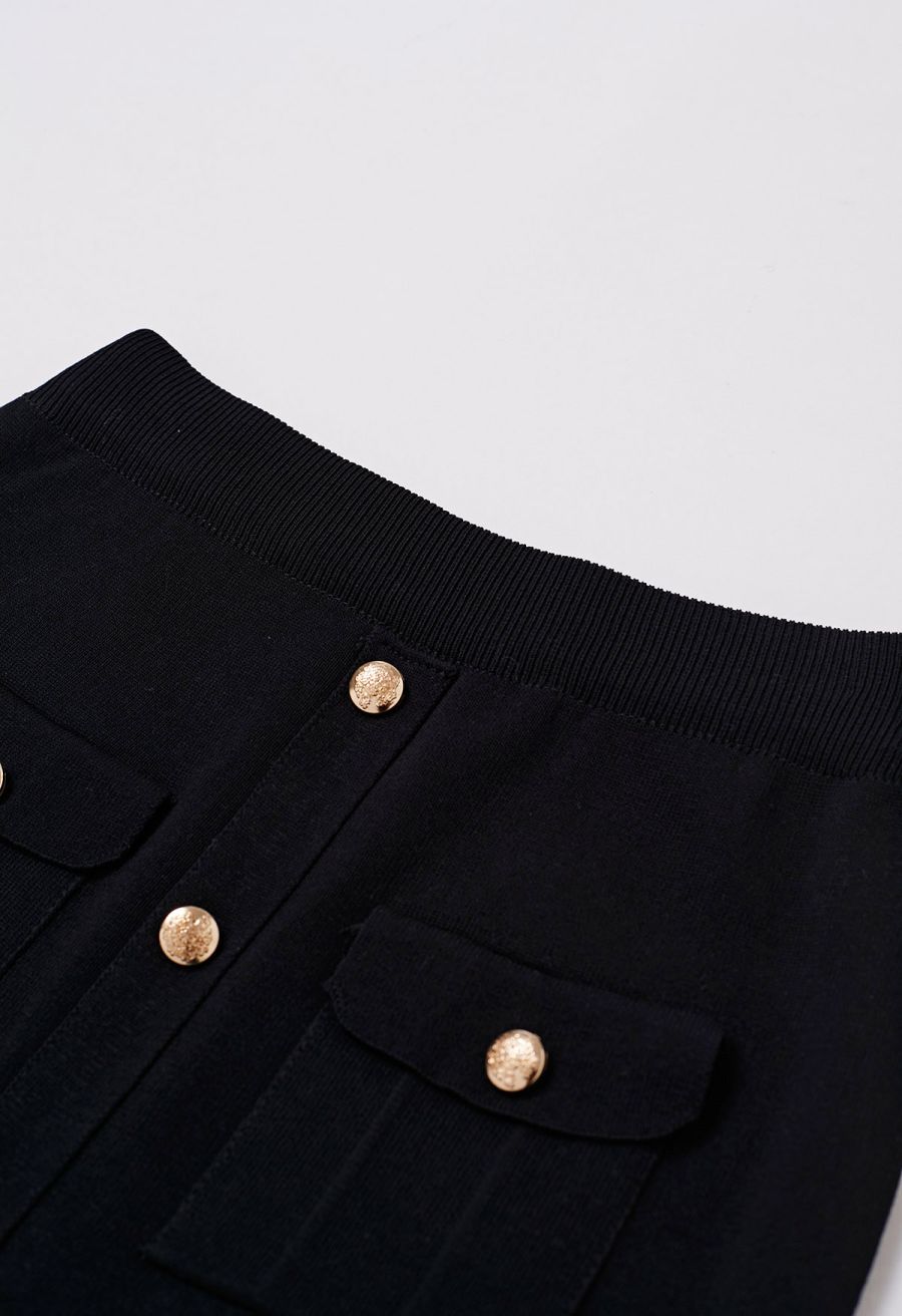 Standout Button Embellished Knit Top and Midi Skirt Set in Black