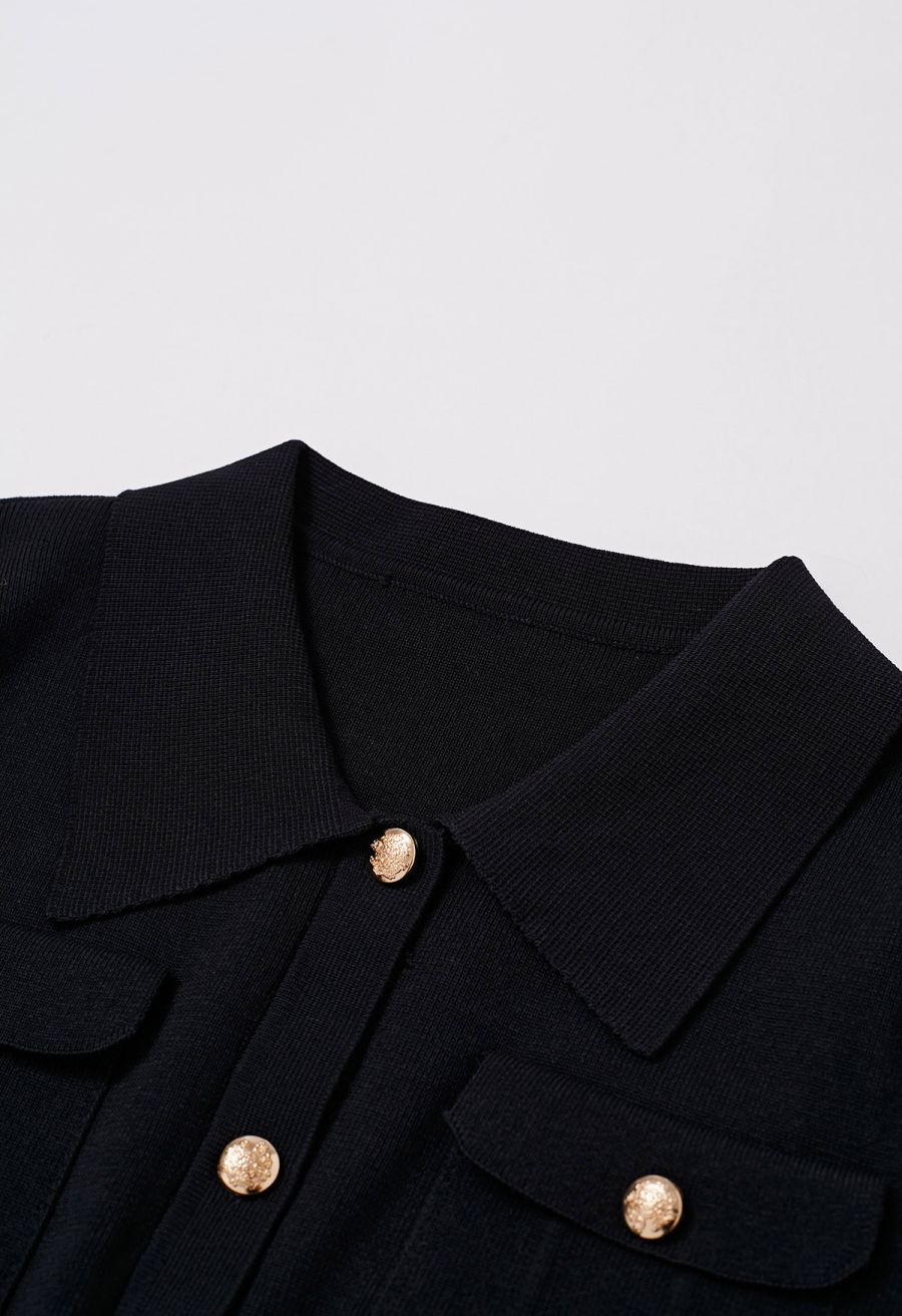 Standout Button Embellished Knit Top and Midi Skirt Set in Black