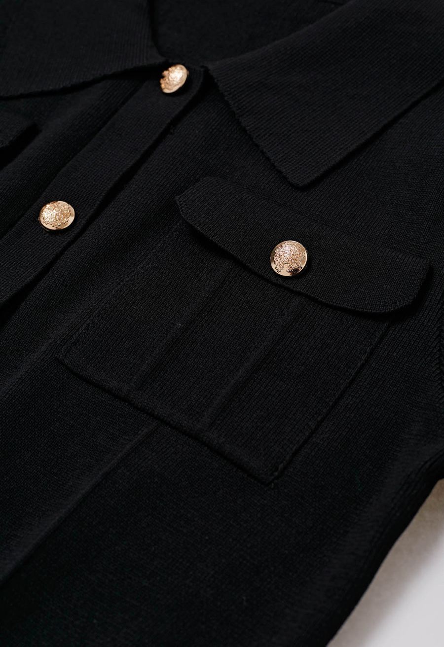 Standout Button Embellished Knit Top and Midi Skirt Set in Black