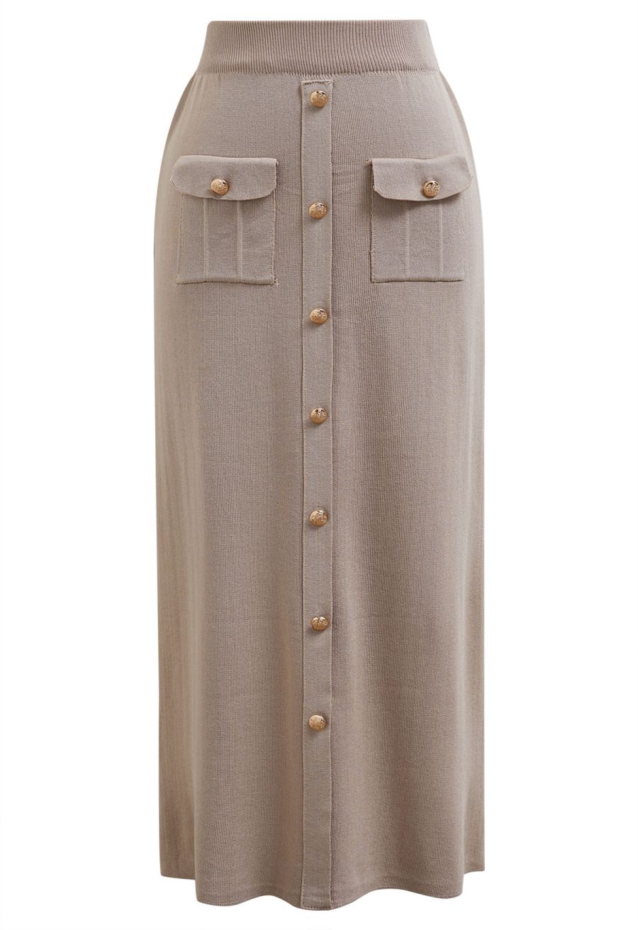 Standout Button Embellished Knit Top and Midi Skirt Set in Taupe