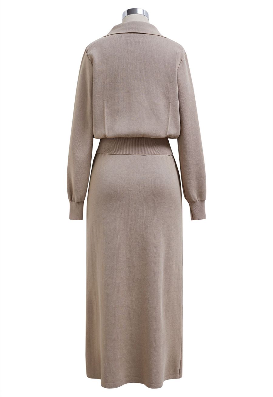 Standout Button Embellished Knit Top and Midi Skirt Set in Taupe