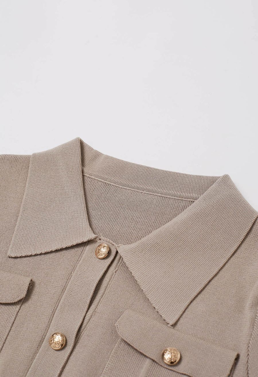 Standout Button Embellished Knit Top and Midi Skirt Set in Taupe