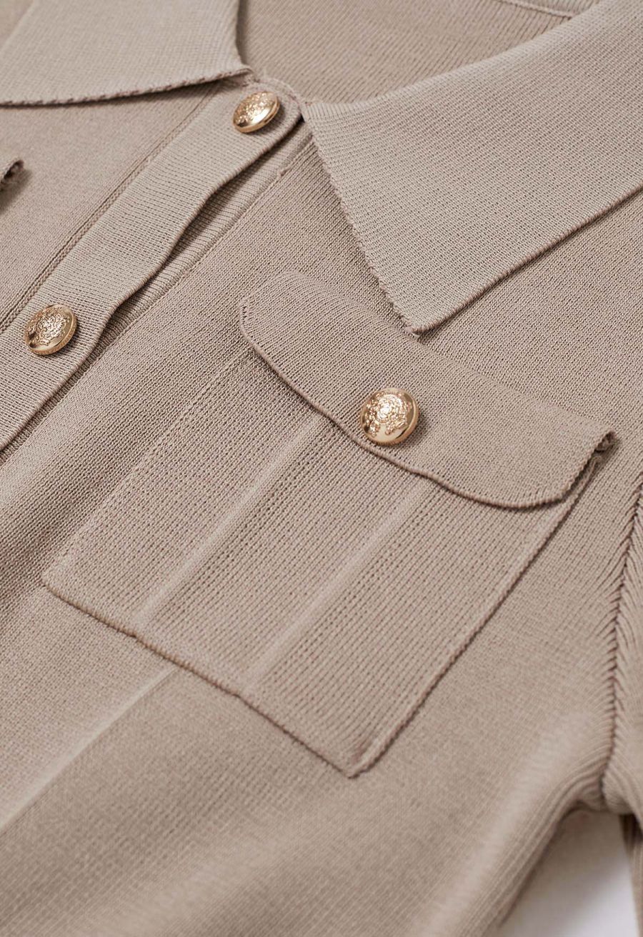 Standout Button Embellished Knit Top and Midi Skirt Set in Taupe