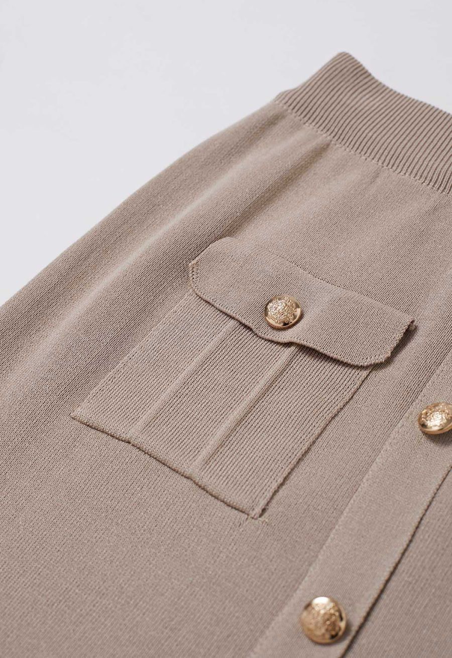 Standout Button Embellished Knit Top and Midi Skirt Set in Taupe