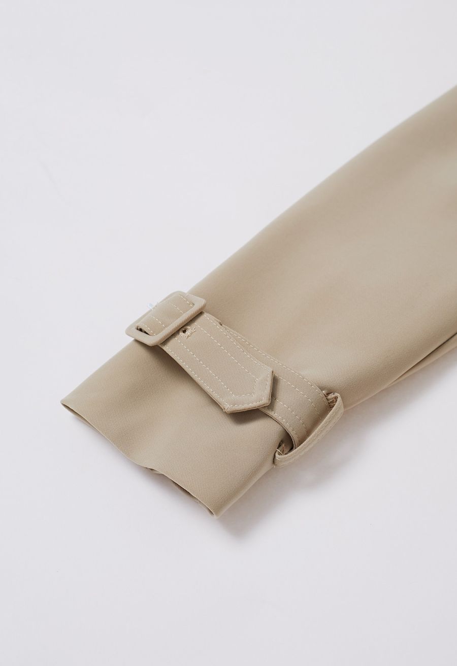Ruffle Trimmed Belted Double-Breasted Trench Coat in Khaki