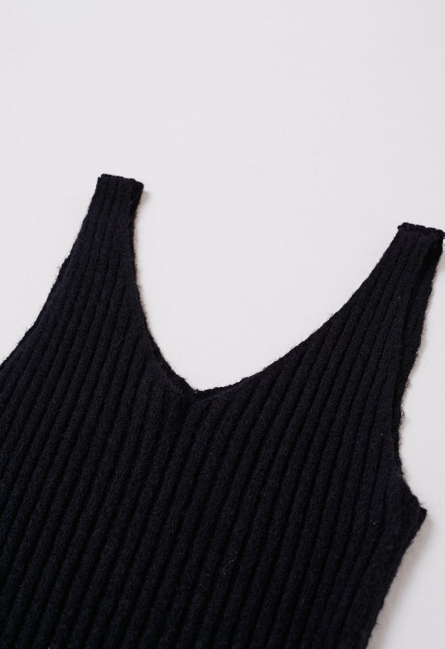 Pearl Neckline Ribbed Knit Twinset Dress in Black