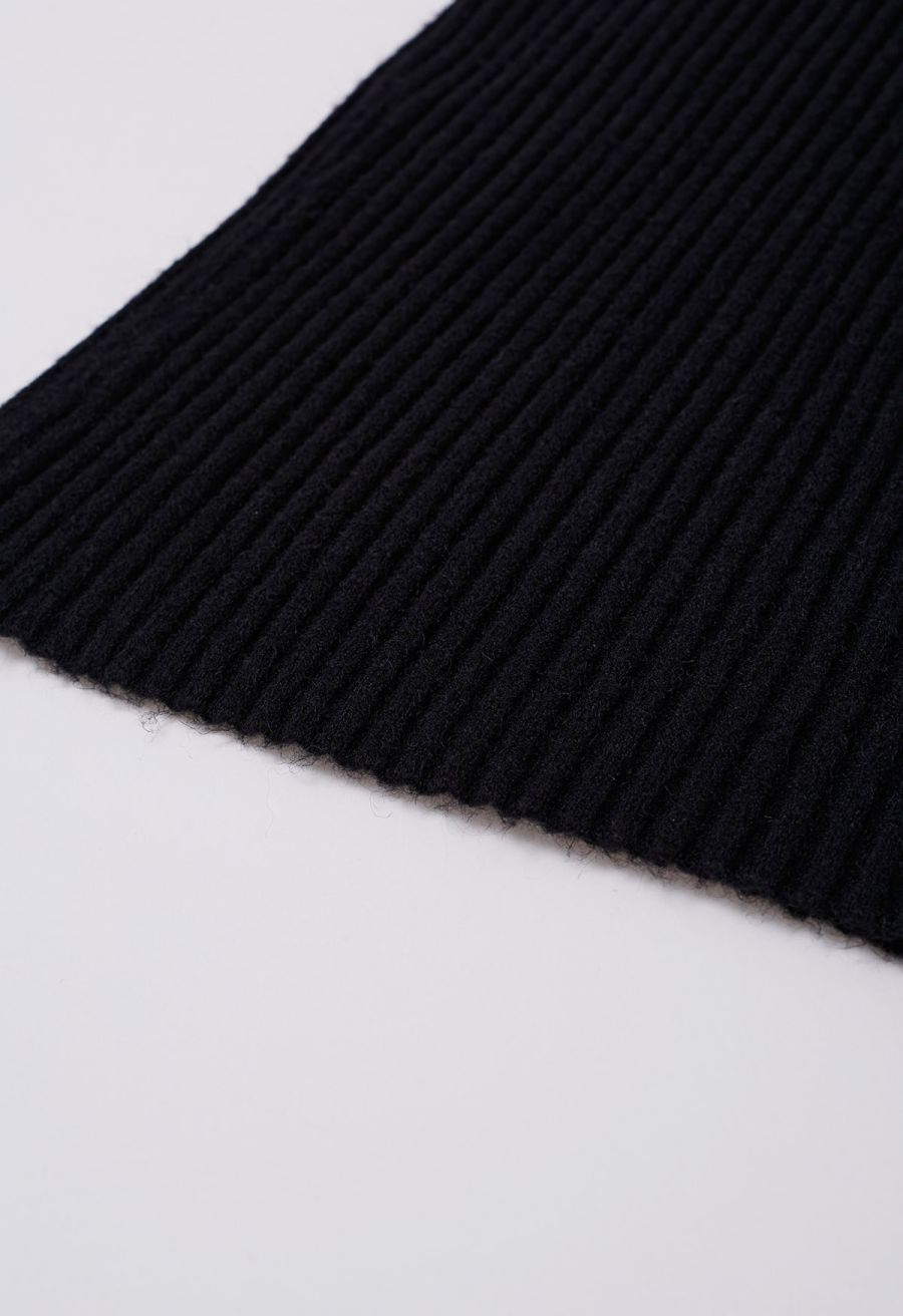 Pearl Neckline Ribbed Knit Twinset Dress in Black