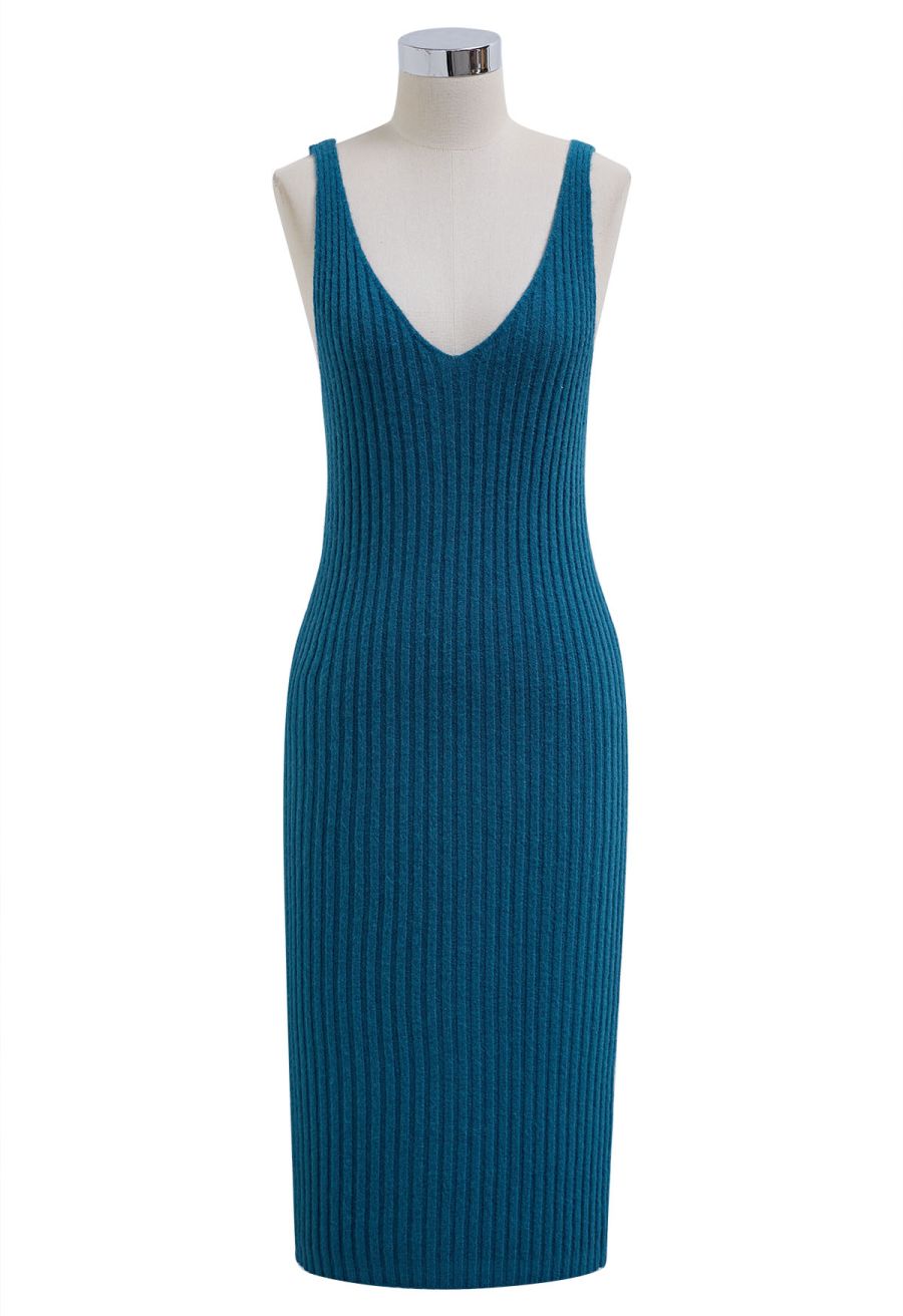 Pearl Neckline Ribbed Knit Twinset Dress in Indigo