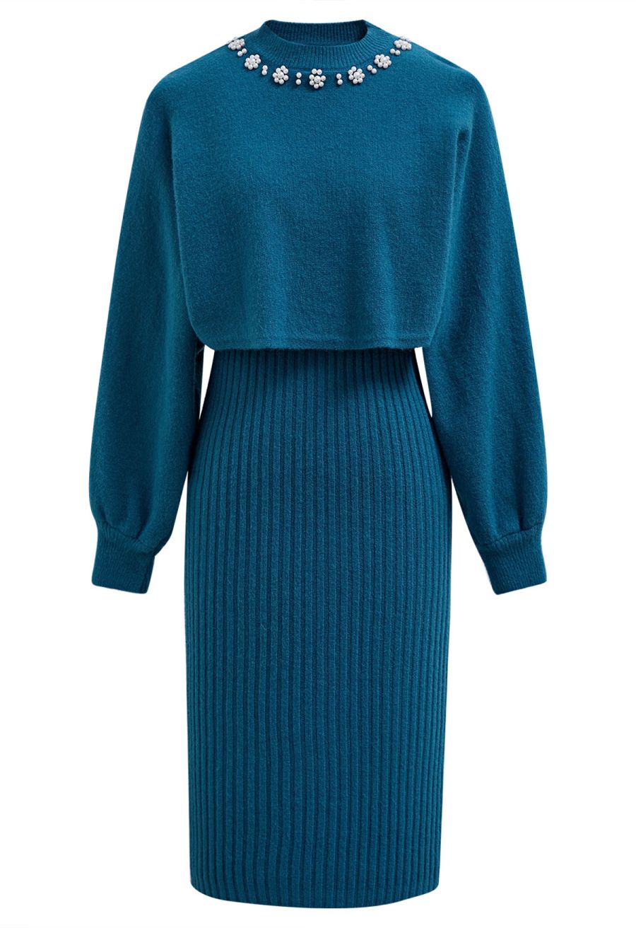 Pearl Neckline Ribbed Knit Twinset Dress in Indigo