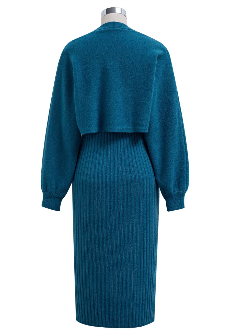 Pearl Neckline Ribbed Knit Twinset Dress in Indigo
