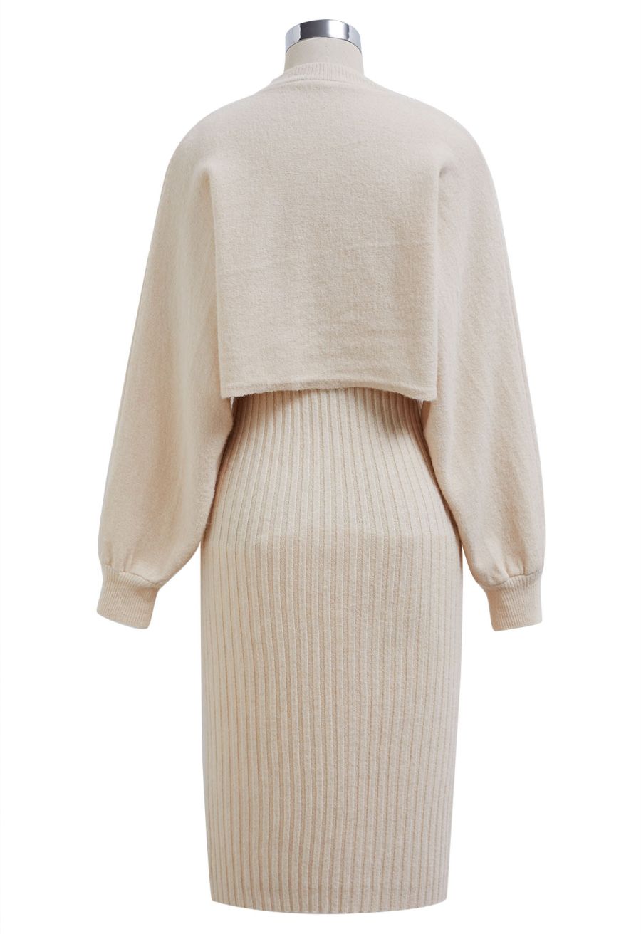 Pearl Neckline Ribbed Knit Twinset Dress in Sand