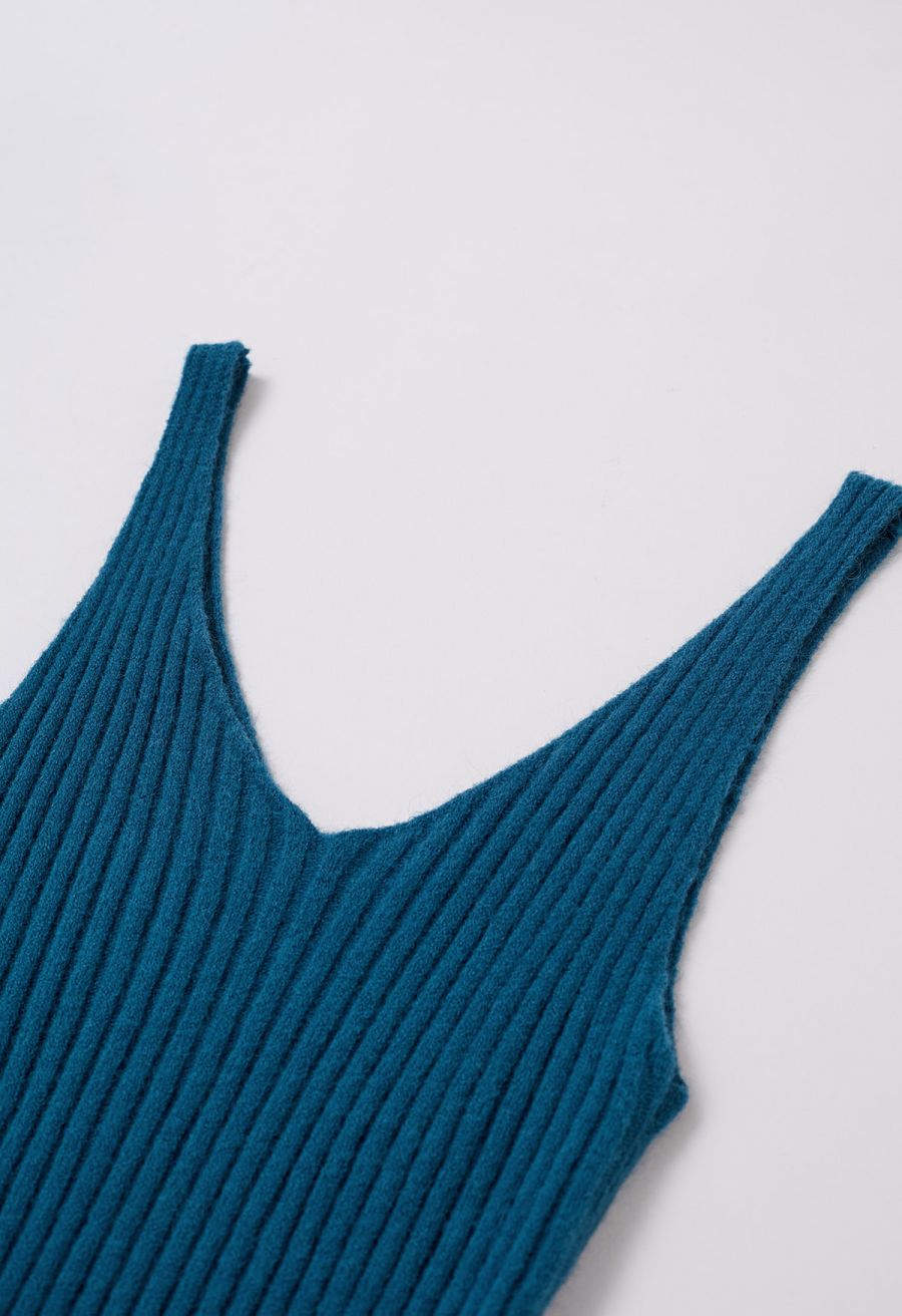 Pearl Neckline Ribbed Knit Twinset Dress in Indigo