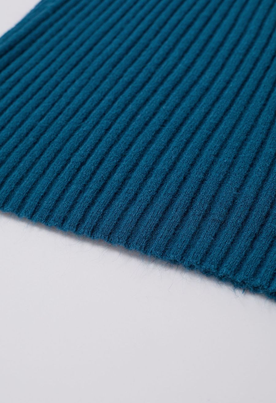 Pearl Neckline Ribbed Knit Twinset Dress in Indigo