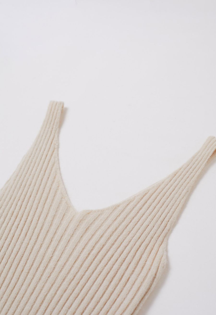 Pearl Neckline Ribbed Knit Twinset Dress in Sand