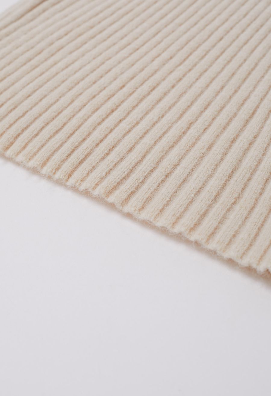 Pearl Neckline Ribbed Knit Twinset Dress in Sand