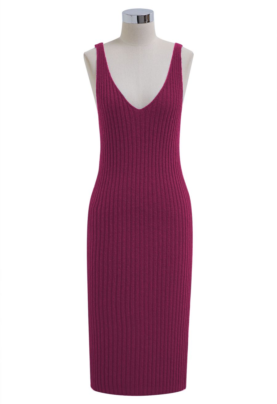 Pearl Neckline Ribbed Knit Twinset Dress in Magenta