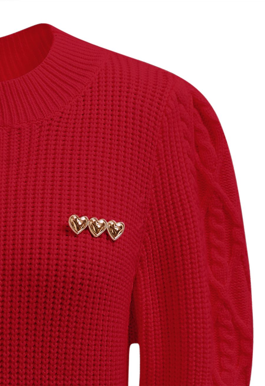 Heart Brooch Elbow Sleeve Knit Sweater in Red