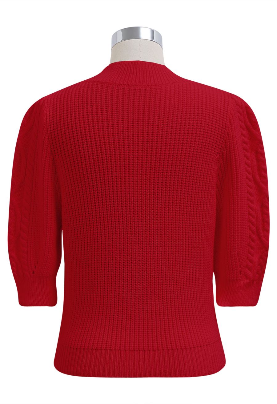 Heart Brooch Elbow Sleeve Knit Sweater in Red