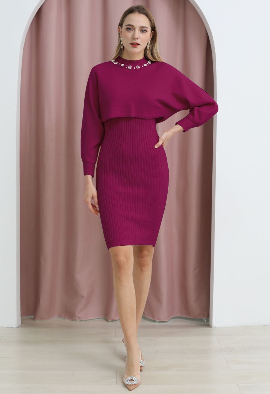 Pearl Neckline Ribbed Knit Twinset Dress in Magenta