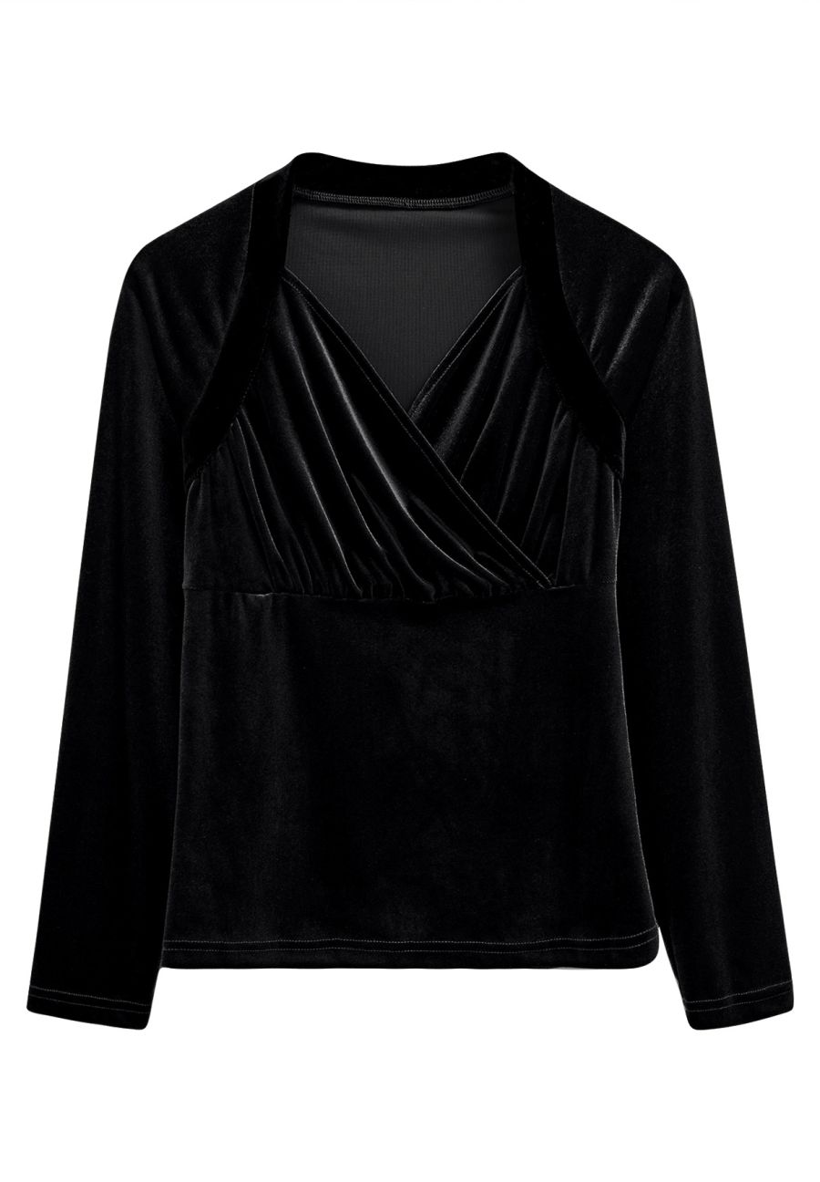 Surplice Neck Soft Velvet Top in Black