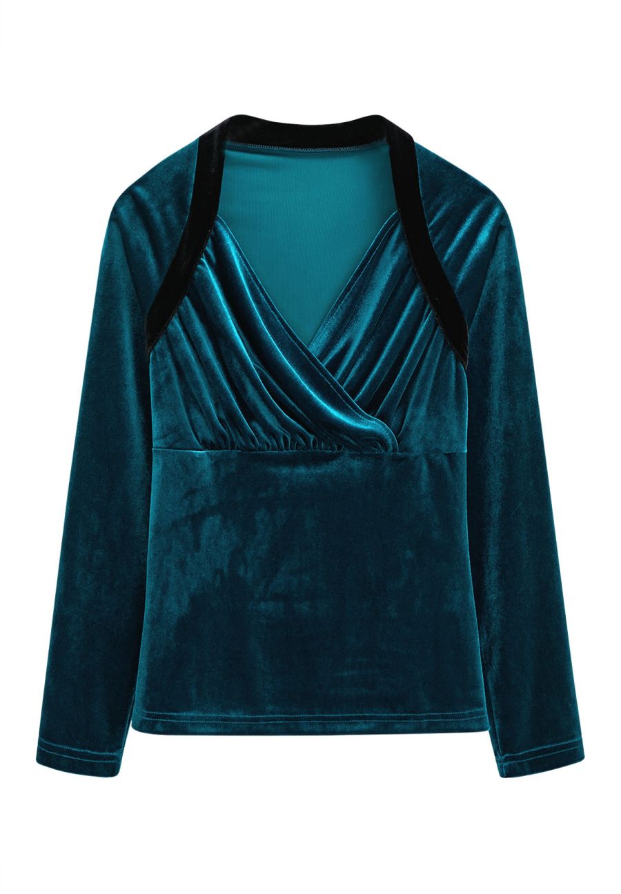Surplice Neck Soft Velvet Top in Teal