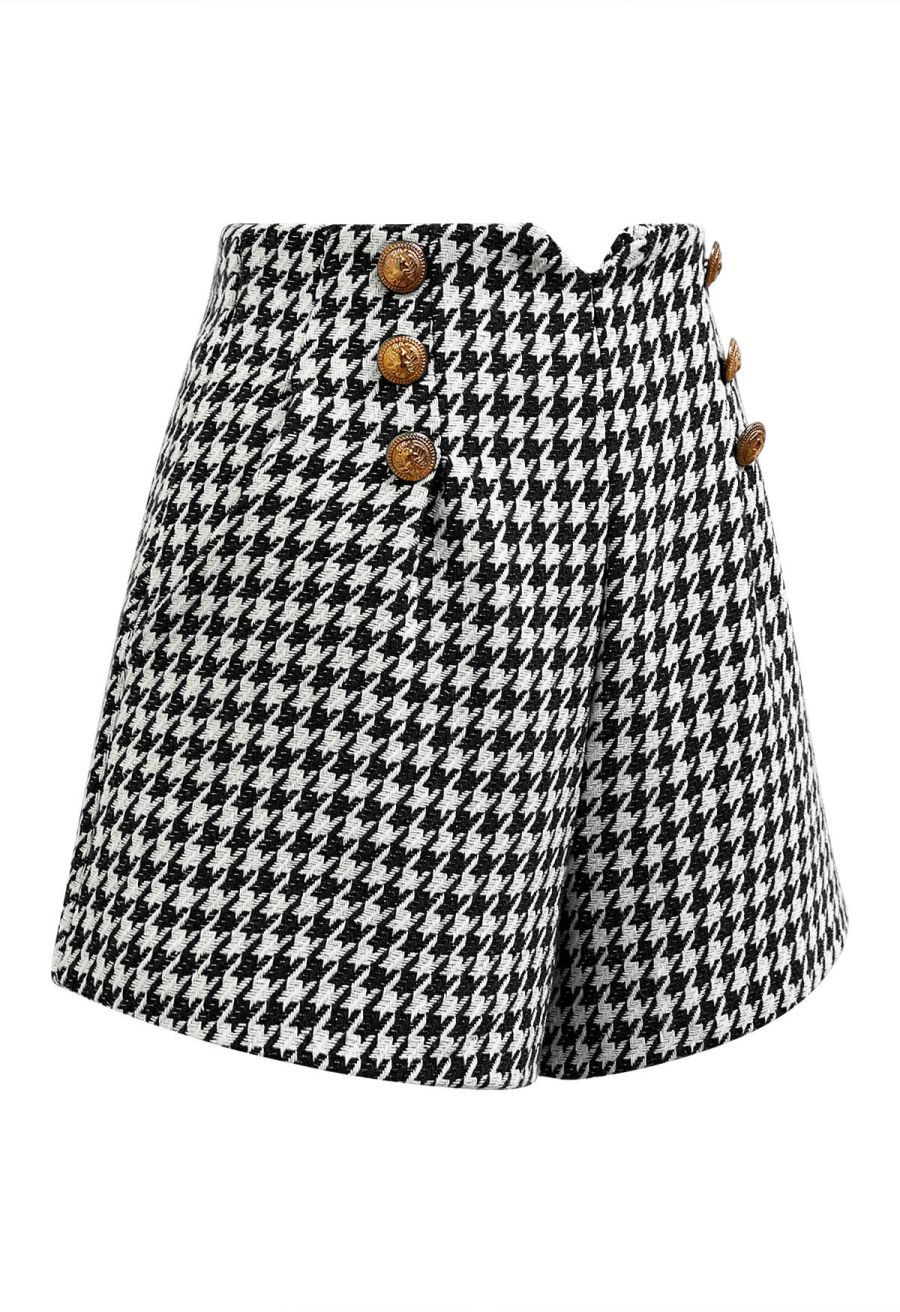 Metallic Houndstooth Golden Button Shorts in Black