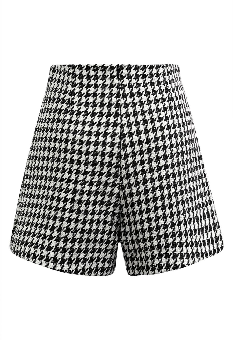Metallic Houndstooth Golden Button Shorts in Black
