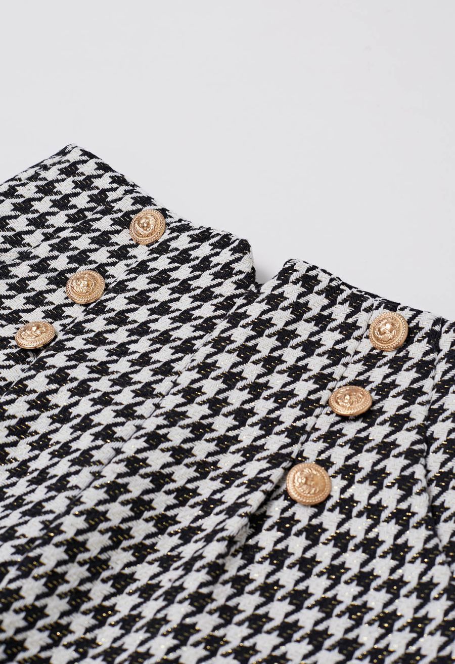 Metallic Houndstooth Golden Button Shorts in Black