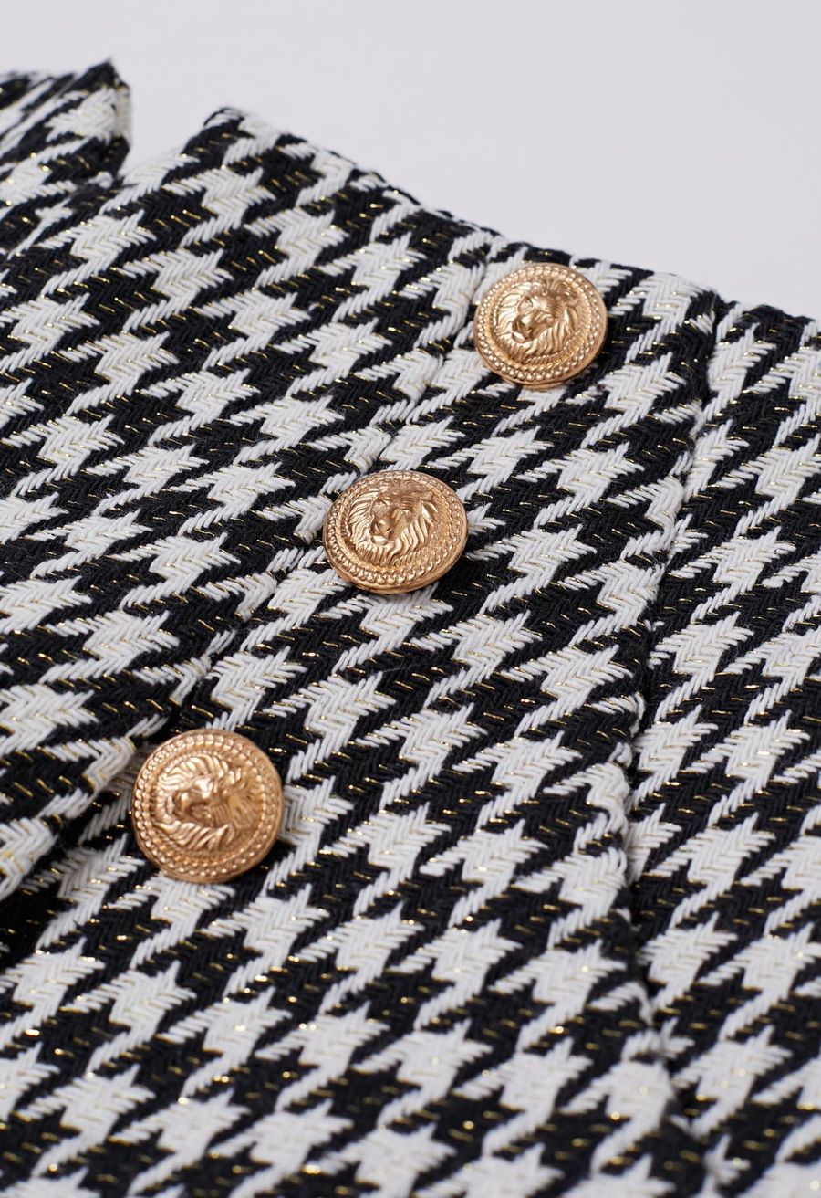 Metallic Houndstooth Golden Button Shorts in Black