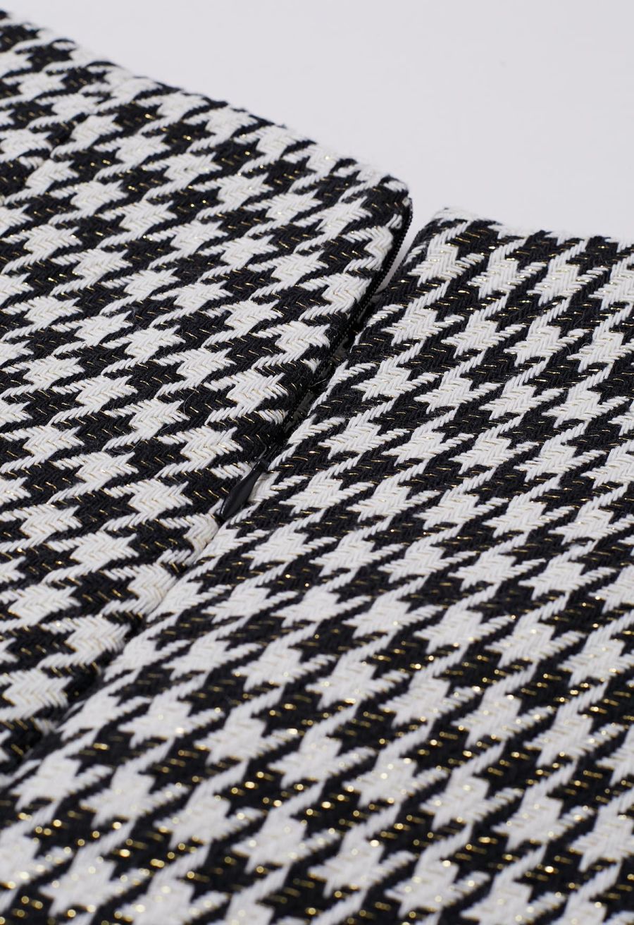 Metallic Houndstooth Golden Button Shorts in Black
