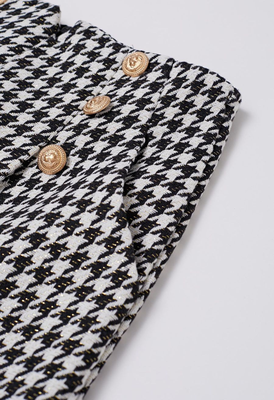 Metallic Houndstooth Golden Button Shorts in Black