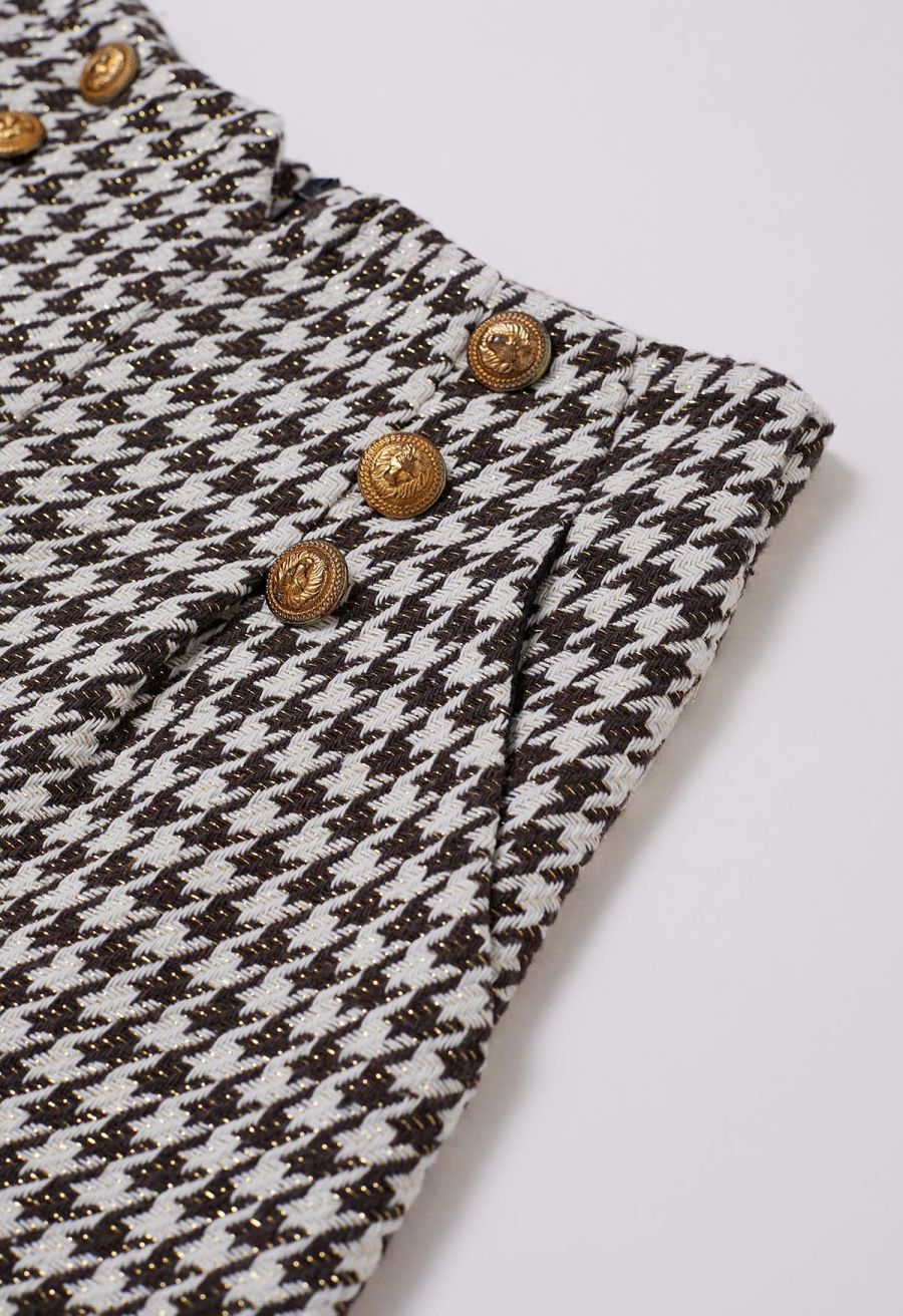Metallic Houndstooth Golden Button Shorts in Brown