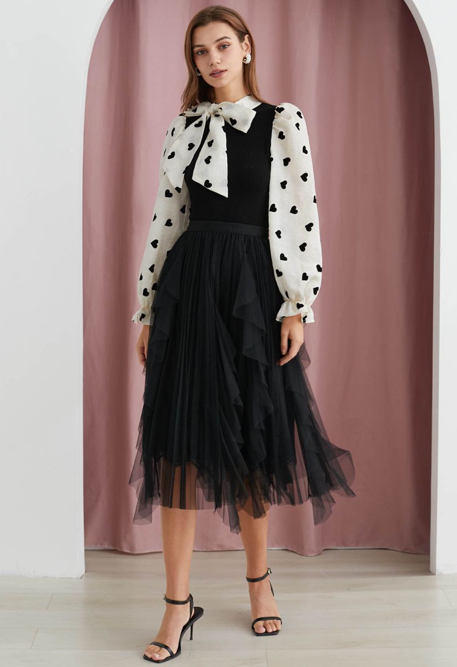 Floral Lace Ruffle Mesh Tulle Skirt in Black