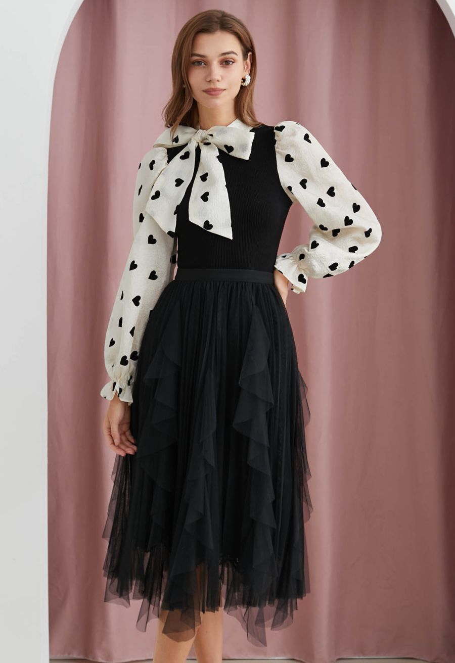 Floral Lace Ruffle Mesh Tulle Skirt in Black