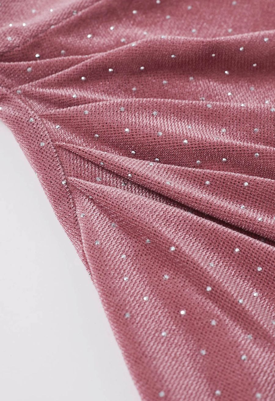 Rhinestone Decor Ruched Pad Shoulder Midi Dress in Pink