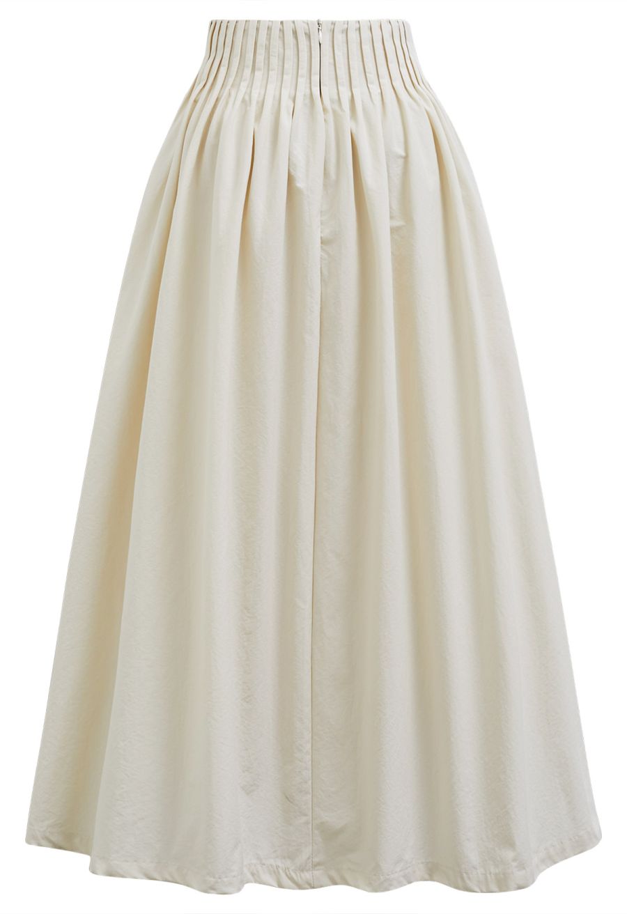 Casual Pleated Waist Cotton Maxi Skirt in Cream